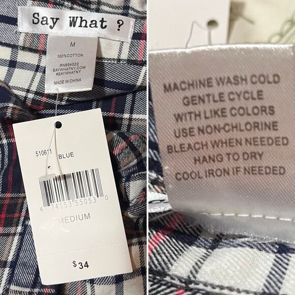Say What? High Low Cotton Plaid Flannel Shirt Button Down Tunic Blue Red MJ NWT - Picture 9 of 11
